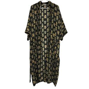 VTG WHITBY 100% Pure Silk Black Stars Stripes Teddy Bears Print Open Front Robe